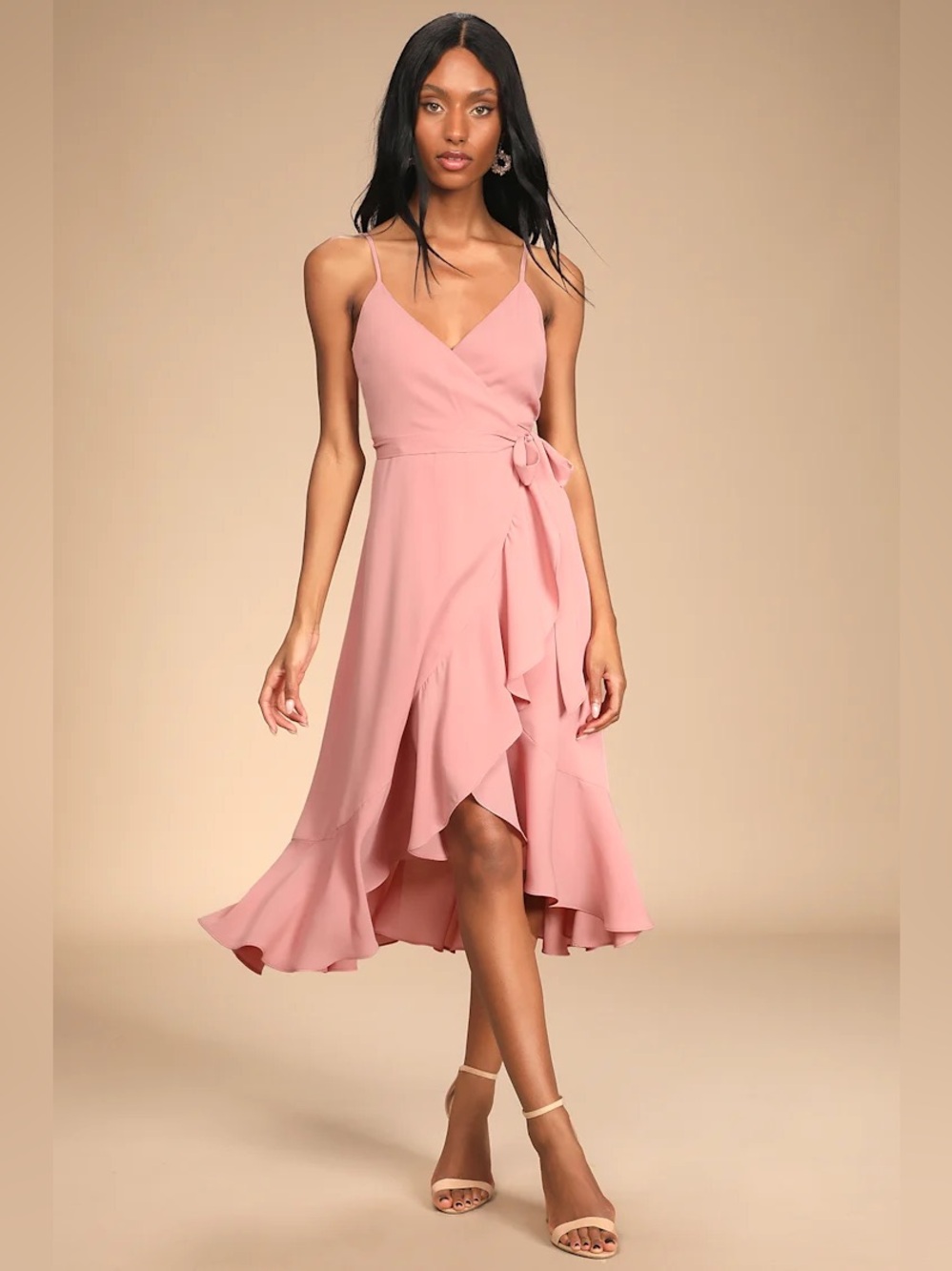 Lulu’s Lulus Manhattan Moment Mauve Ruffled Midi Wrap Dress XS Pink